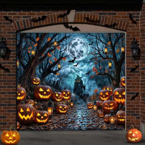 Halloween Misty Dark Forest Garage Door Cover Decorations, Moon Night Dark Pathway Pumpkin Bats Garage Buddy Background, Ghost Themed Hanging Indoor Outdoor Spooky Party Decor 8X7FT - color: Black, size: 8X7FT