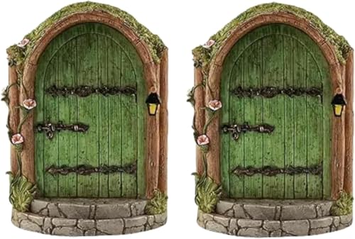 2Pcs Green Fairy Door, Wooden Miniature Fairy Garden Doors Outdoor Mini Fairy Gnome House Accessories for Tree Trunk Ornaments Garden Miniatures, Fairy Doors for Trees Outdoor, Gnome Door