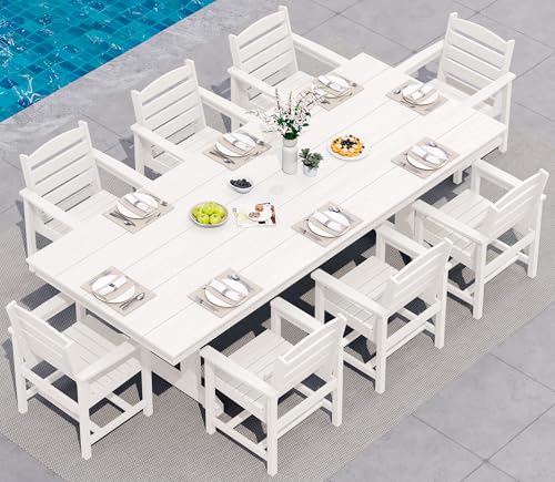 SERWALL 9Pcs 84" HDPE Outdoor Dining Set for 8 with Armchairs,White - color: White, size: 9-Piece (1 Table + 8 Armchairs)