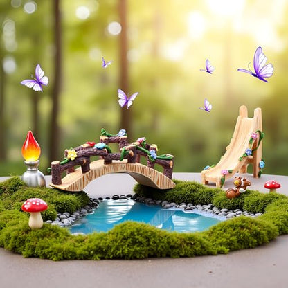 Kai Dream Miniature Fairy Garden Accessories Set, 2 Piece Resin Decorative Landscape Kit with Bridge and Slide, Floral Garden Ornaments - style: Slide, Bridge Set
