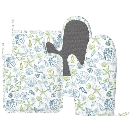 Starfish Oven Mitts and Ocean Themes Pot Holders for Heat Resistant Shells Clams Silicone Oven Mittens and Potholders Gloves Hot Pads for Kitchen Cooking Baking Grilling BBQ - color: Blue White