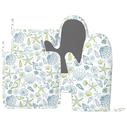 Starfish Oven Mitts and Ocean Themes Pot Holders for Heat Resistant Shells Clams Silicone Oven Mittens and Potholders Gloves Hot Pads for Kitchen Cooking Baking Grilling BBQ - color: Blue White