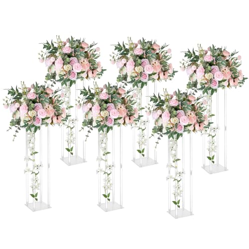 6 Pieces Tall Acrylic Vase Wedding Centerpieces Clear Flower Stand Column Geometric Floral Vase Elegant Display Holder for Birthday Party Wedding Table Decorations (6, 31.5 Inch) - size: 31.5 Inch