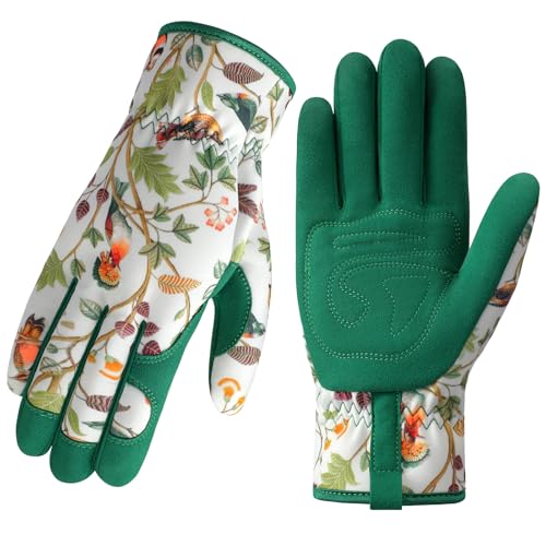Gardening Gloves for Women, Breathable Leather Garden Gloves,Gardening Gift | Gardening Gift for Lady, Thorn-Proof Puncture-Resistant Work Gloves for Weeding, Digging, Planting Yard Farm and Outdoor Work - color: White - Flowers Birds