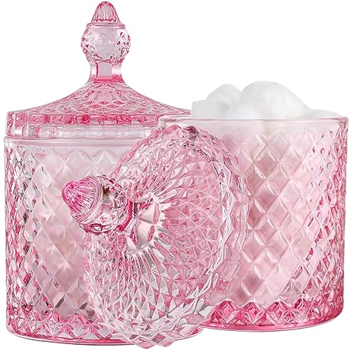 2 Pack Qtip Holder Apothecary Jars with Lid, Thick Glass, Large Pink - color: Pink, size: 23 oz (2 pack)
