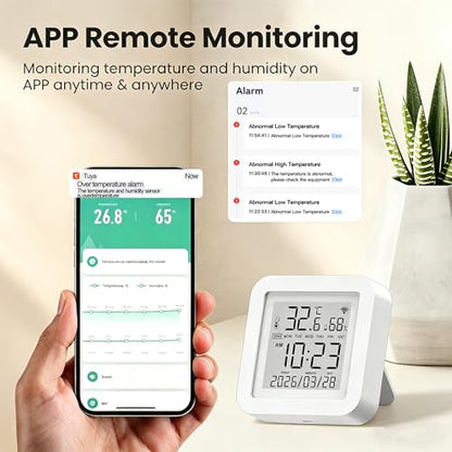 Smart WiFi Temperature Humidity Monitor: TUYA Wireless Temperature Humidity Sensor with APP Notification Alerts, WiFi Thermometer Hygrometer for Home Pet Garage,Compatible with Alexa