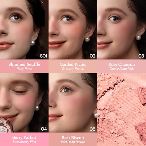 Flower Knows The Sweetie Bear Silk Satin Blush & Brush Set,Talc-Free Rose Pink Powder Blush,Highly Pigmented,Buildable&Blendable,Radiant Cheek Color for a Lively Glow,Gift-Worthy(01 Shimmer Soufflé) - color: 01 Shimmer Soufflé+Brush