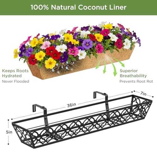 Y&M 36 Inch Window Deck Planter with Coco Liner, Metal Hanging Flower Boxes for Fence, Railing, Balcony, and Outdoor Garden Lawn – 4pcs - color: Flower 36in 4p