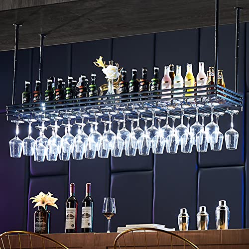Ceiling Wine Rack&Hanging, Adjustable Hanging Wine Rack with Acrylic Board for Bar Cafe Kitche, 39.4''x13.8'' Iron Hanging Wine Glass Racks, Wine Bottle, Goblet Stemware Rack, Mug Rack-Black - color: Black, size: 39.4''x13.8''
