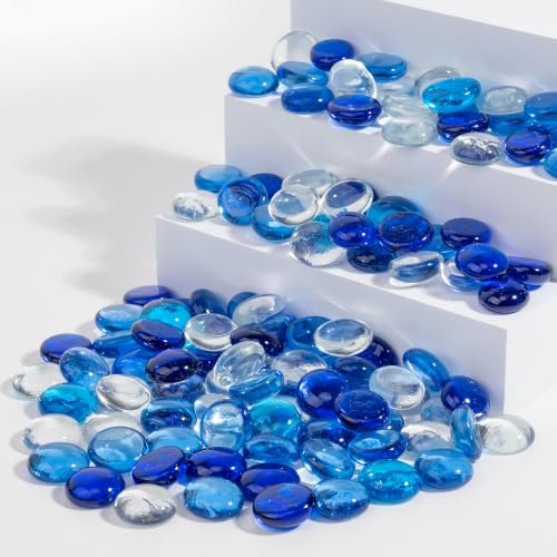 1LB Flat Glass Marbles Stones Flat Bottom Marble Beads 17-19mm Smooth Stone Pebbles for Home Decoration Fire Pit Landscaping Glass Gemstone for Fish Tanks Flower Pots DIY Crafts (4Colors MixA) - color: Clear、Blue、Dark Blue、Sky Blue