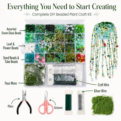 Xapryon Green Glass Beaded Plant Kit with Wire and Craft Guide | Green glass leaf and floral beads with flexible wire and faux moss for beaded plants, jewelry, ornaments and suncatchers