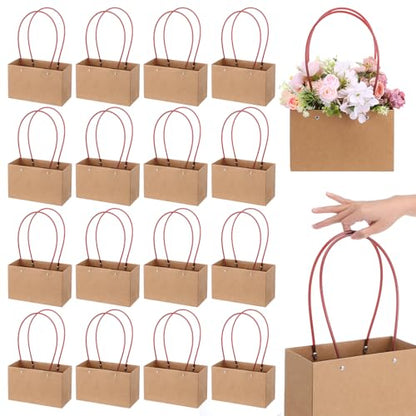 Limbeuuu 16-Pack Brown Paper Flower Gift Bags, Brown Bouquet Bag Box with Handle, Small Paper Carrier Tote Bags with Waterproof Lining for Floral Arrangements, Party Favor, Ultra Thick