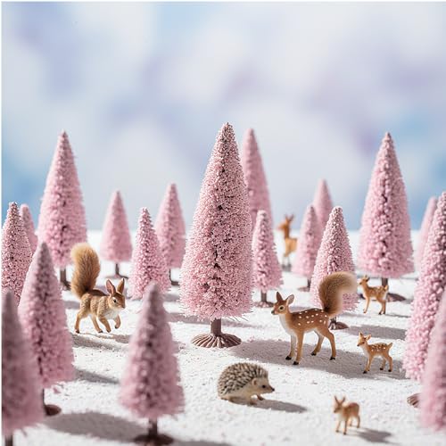 Skylety 20 Pcs Christmas Model Trees 4.72-2.17 Inch Pine Mixed Miniature Trees Small Artificial Cedar Plant for Train Scenery Architecture DIY Crafts Winter Building Model Scenery Landscape(Pink) - color: Pink