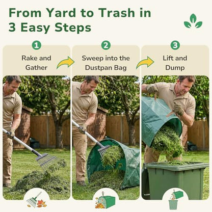 GreatBuddy Leaf Rake and Leaf Bags Combo, Adjustable Metal Garden Rake 29''-72'' 11 Tines, 2 Pack 53 Gallon Reusable Yard Waste Bags, Heavy Duty Lawn Rake with Dustpan Leaf Collector for Yard Cleanup - size: 11 tines & 53 gal 2 packs