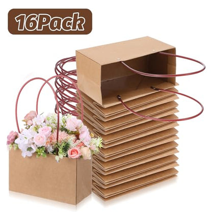 Limbeuuu 16-Pack Brown Paper Flower Gift Bags, Brown Bouquet Bag Box with Handle, Small Paper Carrier Tote Bags with Waterproof Lining for Floral Arrangements, Party Favor, Ultra Thick