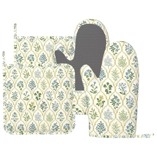Botanical Floral Flower Bunch Oven Mitts and Pot Holders for Heat Resistant Silicone Oven Mittens and Potholders Gloves Hot Pads for Kitchen Cooking Baking Grilling BBQ - color: Beige Green