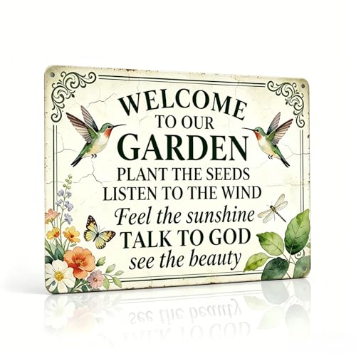Funny Garden Metal Signs, Vintage Outdoor Wall Decor 8x12 Inch | Welcome To Our Garden Sign, Weatherproof Aluminum Sign for Patio Yard Greenhouse, Gift For Gardeners - color: Welcome To Our Garden 1
