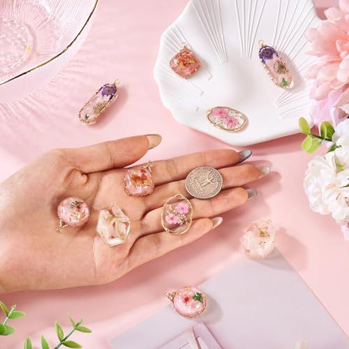 Natural Dried Pressed Flower Charms Geometric Shape Dried Flower Resin Charms Epoxy Resin Floral Pendants for DIY Crafts Necklace Earring Keychain Jewelry Making - color: Pink