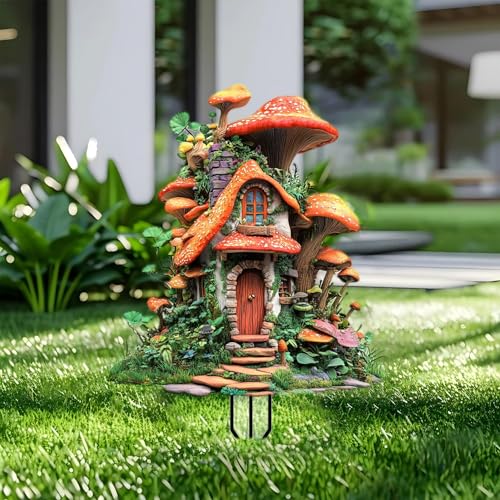 Mushrooms Garden Stakes Decor Yard Acrylic - 2D Spring Garden Acrylic Sign Decoration, Yard Art, Gift for Nature Lovers, for Indoor & Outdoor Flower Pots, Yard, Mini Gardens & Lawn (5.9”x5.9”) Y09