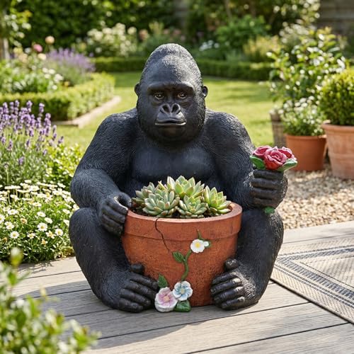 Gorilla Ape Garden Flower Pot - 20 Inch Resin King Kong Statue with Rose, Decorative Animal Planter for Outdoor Indoor Patio Yard Decor, Wildlife Sculpture Art, Unique Garden Gift for Plant Lovers - color: The Chimpanzee Sat
