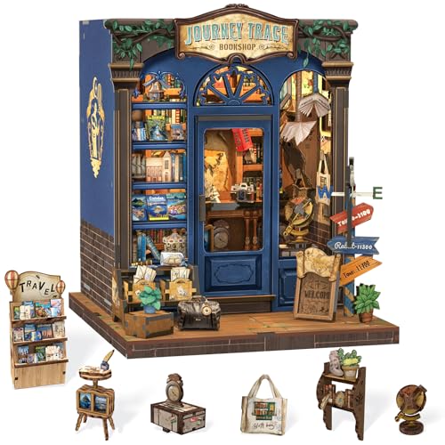 Cutefun Book Nook Kit - DIY Miniature Dollhouse Booknook Kit for Adults and Teens, 3D Wooden Puzzle Bookshelf Insert Decor with LED Light, Gifts for Book Lovers and Beginners (Journey Trace Bookshop) - color: Journey Trace Bookshop