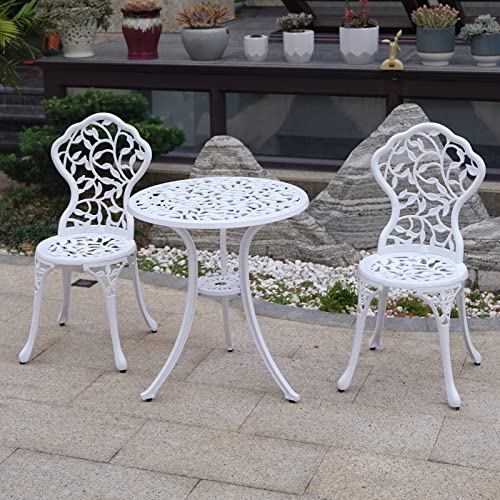 KAILI Patio Bistro Sets 3 Piece cast Aluminum Patio Furniture Outdoor Garden Metal Rust Proof Tables and Chairs White bisrto Set (Leaf-White) - style: leaf-white