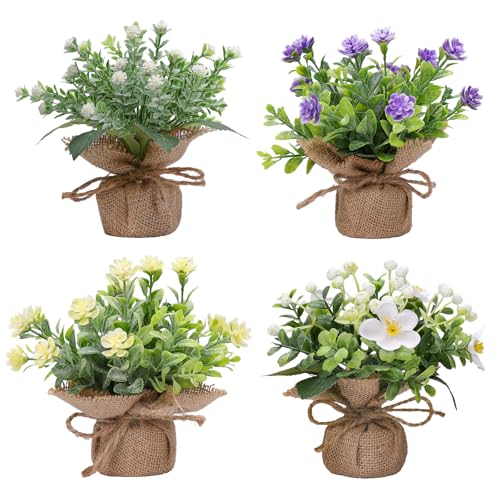 4 Pack Mini Artificial Flowers Potted Plants, Assorted Fake Floral Arrangements with Burlap Pot for Home Farmhouse Bathroom Office Desk Decor