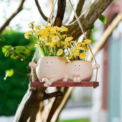 Dolkgy Hanging Planter Swinging Face Planters, Unique Head Flower Pots for Indoor Outdoor Plants, Cute Face Vase Funny Fence Wall Planter Succulent Pots - color: Khaki