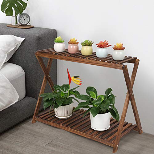 Wood Plant Stand Shelf Indoor Outdoor 2 Tier Plant Bench Corner | Stepped Flower Stand Plant Table Planter Shelf Holder Rack in Patio Balcony Entryway Porch Livingroom (Classic X-Cross )