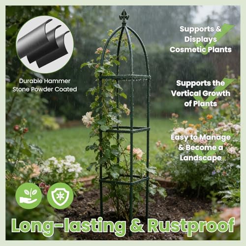Lancisism 100% Metal Trellis for Climbing Plants Outdoor - Garden Metal Obelisk Trellis Vertical Plant Support for Climbing Vines & Flowers - Sturdy Steel Arch Trellis for Potted Plants Indoor Green