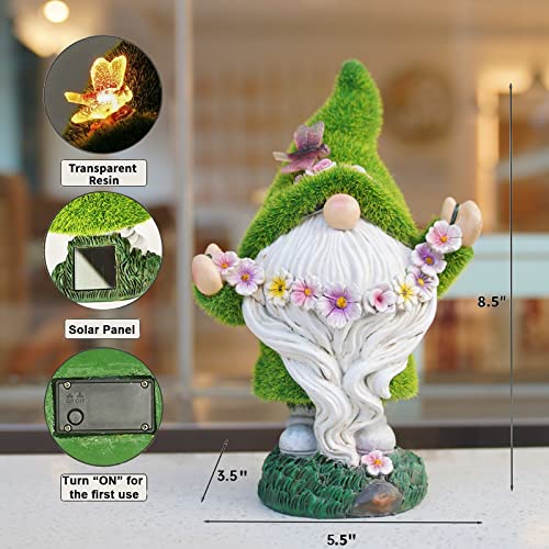DiliComing Garden Gnomes Statue Solar Yard Decoration Green Moss Gnome | Solar Light, Dwarf Sculpture for Outdoor Patio Porch Lawn Decor, Spring Decorations