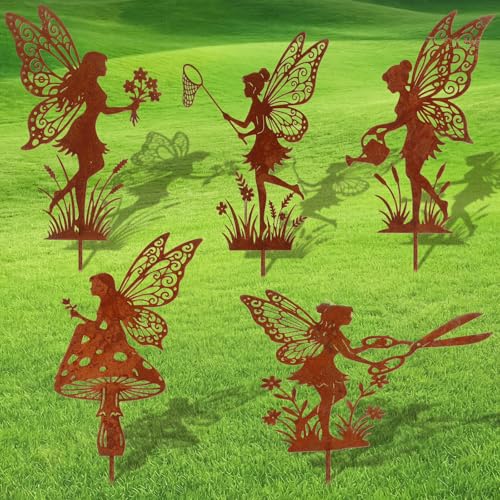 Novabright 5 Pcs Decorative Garden Stakes Metal Fairy Silhouette Set Stakes Outdoor Yard Art Decor Fairy Garden Sign for Lawn Flower Bed Planter Pot Landscaping(Rust) - color: Rust
