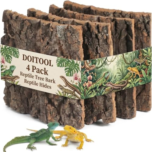 DOITOOL 4 PCS Reptile Tree Bark Reptile Hides, 5.9”x5.9” Natural Cork Bark Wood Climbing Mat Habitat Decoration for Tank Backdrop Climbing Wall Terrarium Decor for Lizard Geckos Tortoise