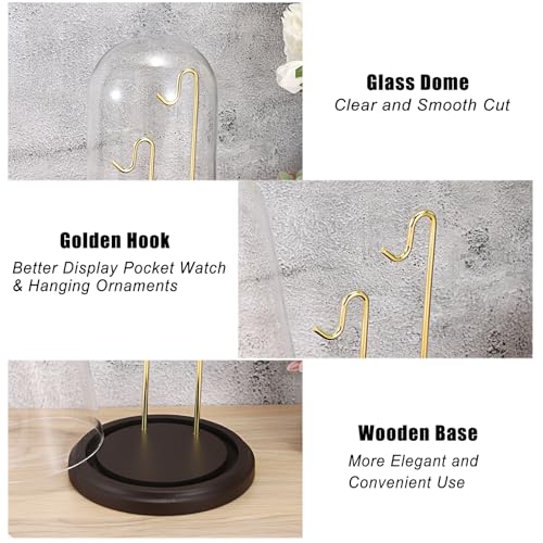 JUXYES Clear Glass Pocket Watch Display Dome Case with Base, 4x8 Inches | Clear Glass, Dust Proof, Bell Terrarium Jar with 2 Golden Hanging Hook, For Pocket Watch Collectors and Antique Enthusiasts - color: Gold/Dark Red