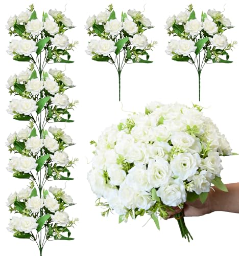 Rose Artificial Flowers Bouquet, 6 Packs Small Roses Flower, 10 Silk Rose Flowers Per Pack, Mini Fake Rose Flower Bunches, Miniature Roses for Decoration Home Wedding Table Centerpieces Decor, White - color: Spring Collection in White