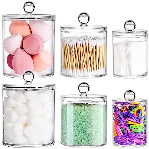 6 Pack Acrylic Apothecary Jars with Lids, 32/20/10 Oz Clear Cotton Ball & Pad Holder, Bathroom Canister Candy Jar for Bath Salt, Cotton Pads, Candies