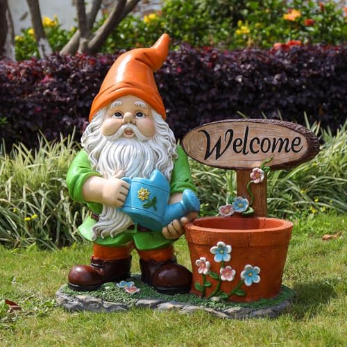 Garden Gnome Planter with Welcome Sign, Outdoor Resin Flower Pot for Patio, Lawn & Garden Decor, Weather Resistant - color: Animal Green
