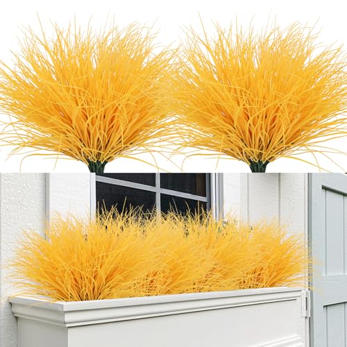 RECUTMS 12Pcs Artificial Grass Pure Yellow Outdoor Plants Tall Grass Spring - color: Pure Yellow Grass