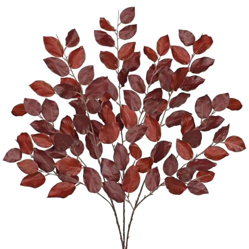 GnFlus 41 inch Artificial Fall Leaves Stem Fake Autumn Foliage Branches Citrus Leaf for Home Kitchen Farmhouse Vase Thanksgiving Table Centerpieces Party Decor Burgundy - color: Red