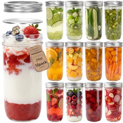 CycleMore 24oz 12 Pack Wide Mouth Mason Glass Jars with Separable Lids | BPA Free, Reusable, Dishawasher Safe, Glass Pickle Canning Jars for Jelly, Jam, Honey, Wedding Favors, Spices and Herbs - size: 24oz - 12 Pack