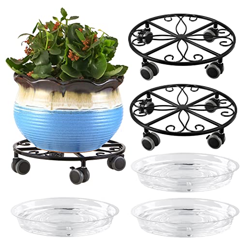 Planterhoma 3 Pack Plant Caddy with Wheels & Saucers, 11.8" Heavy Duty Metal Rolling Plant Stand, Plant Dolly with Lockable Casters, Rustproof Iron Planter Mover for Indoor Outdoor, Black - color: Black
