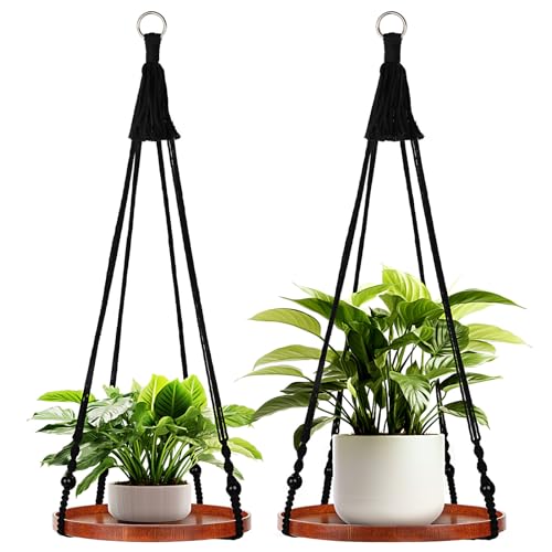 E-Know Macrame Plant Hanger - 2 Set Indoor Hanging Planter Shelf - Hanging Planter Rack Decorative Flower Pot Holder - Handmade Cotton Plant Hangers with Wood Tray