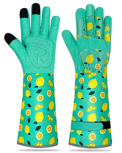 Long Gardening Gloves for Women Thorn Proof Leather Garden Gloves Breathable Working Gloves for Women Yard Outdoor - color: Lemon-large