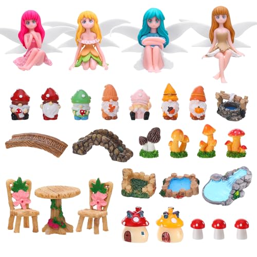 29Pcs Fairy Garden Accessories, Fairies Miniature Ornaments | 4 Fairies, 7 Gnome, 2 Mushroom House Chair, Resin Set, for Fairy Garden, Terrarium, and Pot Decor - color: Multicolor-gnome