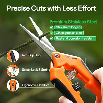 VIVOSUN 6.5 Inch Gardening Scissors Hand Pruner Pruning Shear with Straight Stainless Steel Blades Orange 1-Pack | Straight Precision Stainless Steel Blades, Comfort Ergonomic Grips, Ideal Snip for Deadheading, Trimming & Shaping Plants - style: Orange St