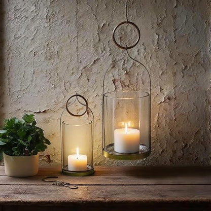 4" & 6" Wide Handmade Sturdy Glass Cylinder Jar with Metal Stand in Antique Brass, Display Glass Container for Candles and Plants, Hurricane Lantern, Candle Holder, Industrial, Farmhouse, Outdoor - size: 4" and 6"