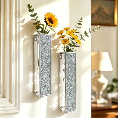 2 Pack Hanging Tube Wall Vase Set Metal Plant Vases with Glass Tube Crystal Hanging Wall Mount Vase for Flowers Plants Home Office Wedding Decoration - color: Sliver-crys Silver Colored