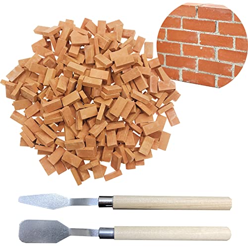 Woohome 150 PCS Mini Red Wall Bricks, 1:16 Mini Bricks Tiny Bricks with Scraper for Landscaping, Miniature Brick Figurine Fake Brick for Miniature Garden Accessories - color: Red 150