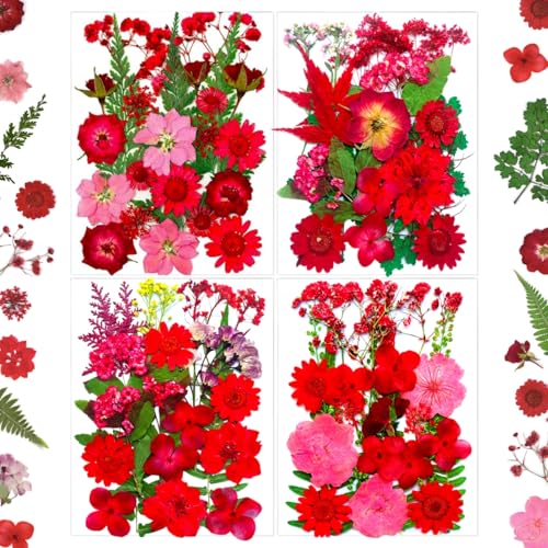MIKIYA 88Pcs Red Dried Pressed Flowers for Resin Molds, Assorted Real Natural Bulk Dry Floral Leaves for DIY Art Crafts, Epoxy Jewelry, Candle, Soap Making, Nails Decors - color: Red