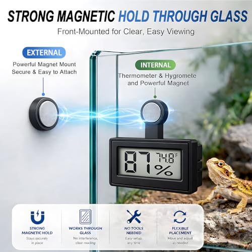 2 Pack Magnetic Reptile Thermometer Hygrometer,Fast-Read °F/°C Digital Temp&Humidity Gauge for Terrarium Tank Enclosure,for Bearded Dragon,Gecko,Snake, Tortoise,Hermit Crab,Jumping Spider (Black) - color: Black